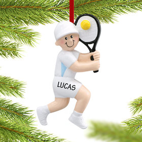 Personalized Tennis Boy Swinging a Backhand Christmas Ornament