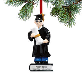 Personalized Graduate Boy on a Stack of Books Holding a Diploma Christmas Ornament