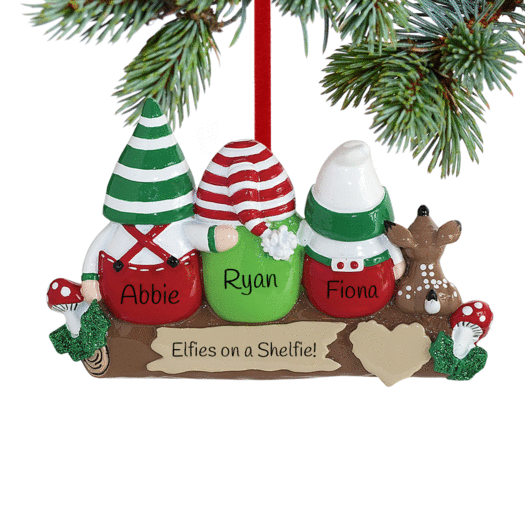 Personalized Idle Elves Family of 3 Christmas Ornament