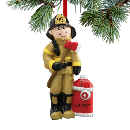 Personalized Fireman Holding an Axe by Red Fire Hydrant Christmas Ornament