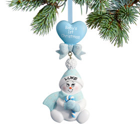 Personalized Baby's First Christmas Blue Snowbaby with Candy Cane Christmas Ornament