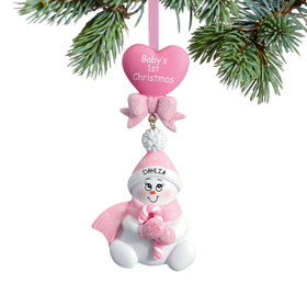 Personalized Baby's First Christmas Pink Snowbaby with Candy Cane Christmas Ornament