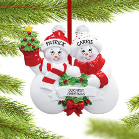 Personalized Snowmen with Banner Couple Christmas Ornament