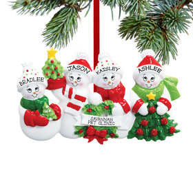 Personalized Snowmen with Banner Family of 4 Christmas Ornament