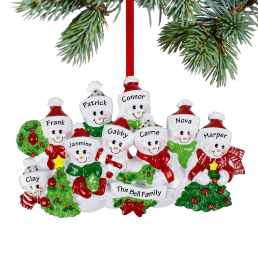 Personalized Snowmen with Banner Family of 9 Christmas Ornament