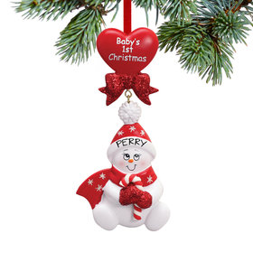 Personalized Baby's First Christmas Red Snowbaby with Candy Cane Christmas Ornament