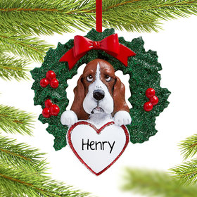 Personalized Basset Hound Dog with Wreath Christmas Ornament