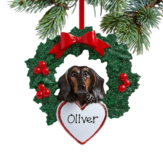 Personalized Black Dachshund Dog with Wreath Christmas Ornament