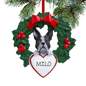 Personalized Boston Terrier Dog with Wreath Christmas Ornament