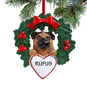 Personalized Pug Dog with Wreath Christmas Ornament