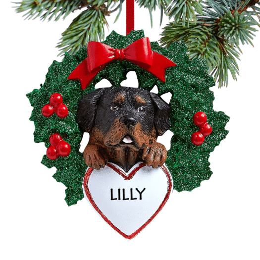 Personalized Rottweiler Dog with Wreath Christmas Ornament