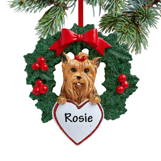 Personalized Yorkshire Terrier Dog with Wreath Christmas Ornament