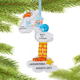Personalized Stork Baby Blue Christmas Ornament