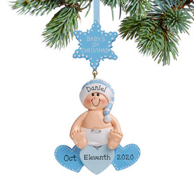 Personalized Baby On Hearts Blue Christmas Ornament