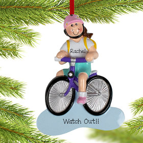 Personalized Brunette Bike Riding Girl Christmas Ornament