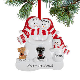 Personalized Snowman Family of 3 with Brown and Black Dogs Christmas Ornament