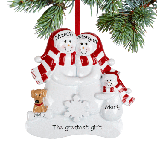 Personalized Snowman Family of 3 with 1 Brown Dog Christmas Ornament