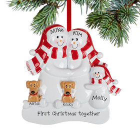 Personalized Snowman Family of 3 with 2 Brown Dogs Christmas Ornament