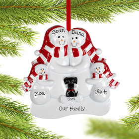 Personalized Snowman Family of 4 with 1 Black Dog Christmas Ornament
