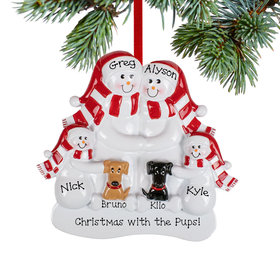 Personalized Snowman Family of 4 with Brown and Black Dogs Christmas Ornament