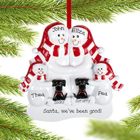 Personalized Snowman Family of 4 with 2 Black Dogs Christmas Ornament