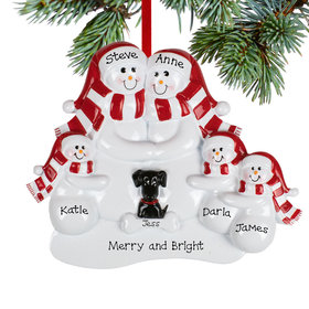 Personalized Snowman Family of 5 with 1 Black Dog Christmas Ornament