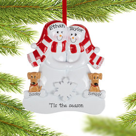 Personalized Snowman Couple with 2 Brown Dogs Christmas Ornament