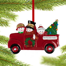 Personalized Vintage Red Truck Snowman Family Of 3 Christmas Ornament