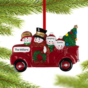 Personalized Vintage Red Truck Snowman Family Of 4 Christmas Ornament