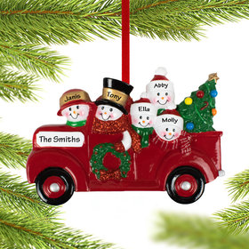 Personalized Vintage Red Truck Snowman Family Of 5 Christmas Ornament