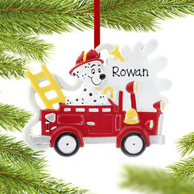 Personalized Fire Truck With Dog Christmas Ornament