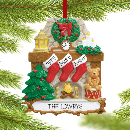 Personalized Fireplace 3 Stockings Christmas Ornament