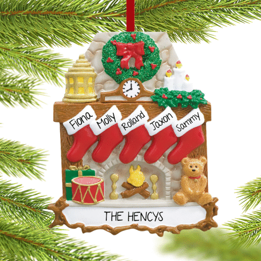 Personalized Fireplace 5 Stockings Christmas Ornament