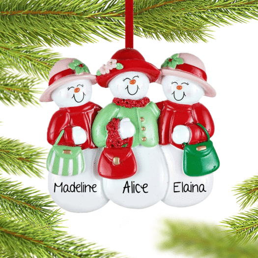 Personalized 3 Sisters or Friends Wearing Hats Christmas Ornament