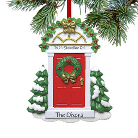 Personalized Red Door with Wreath and Evergreen Trees Christmas Ornament