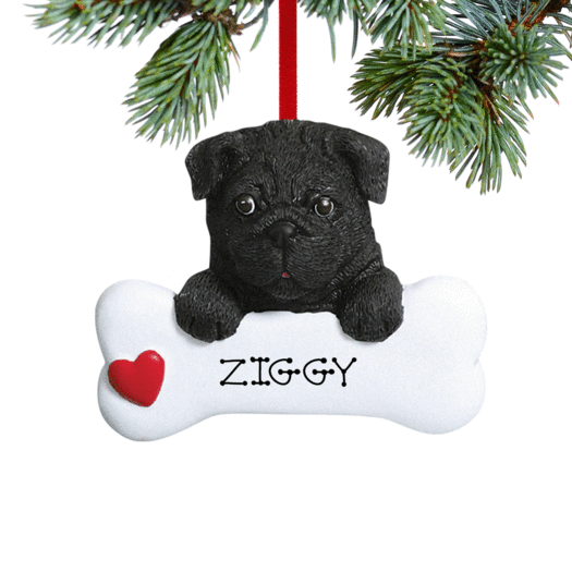 Personalized Black Pug Dog Bone Christmas Ornament